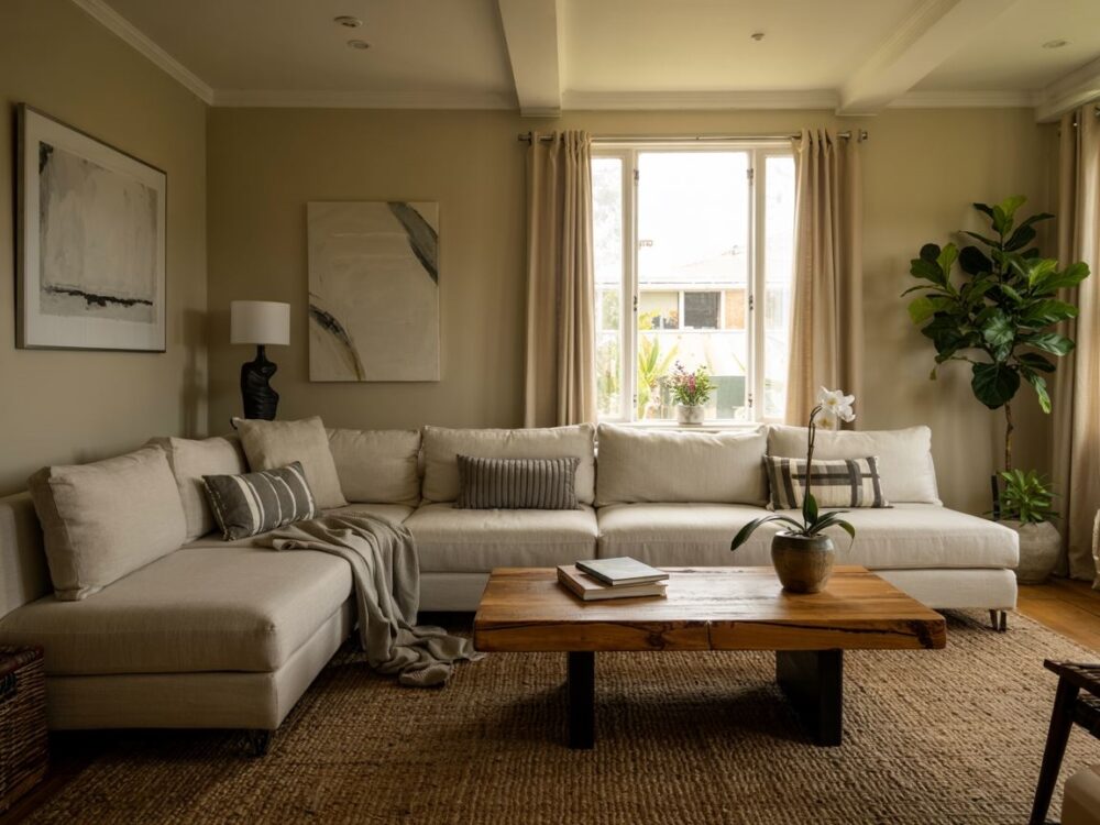 aranżacja salonu z dębem rustykalnym