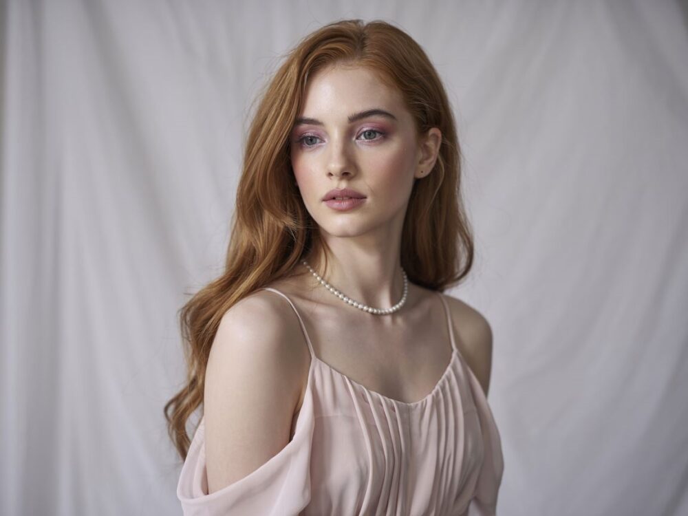 delikatny makijaż i pudrowa sukienka