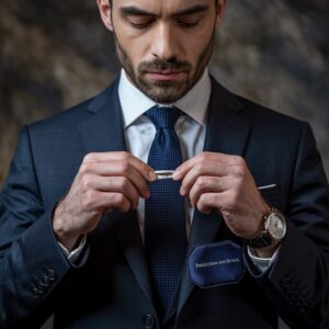 elegancki garnitur z widoczną spinką