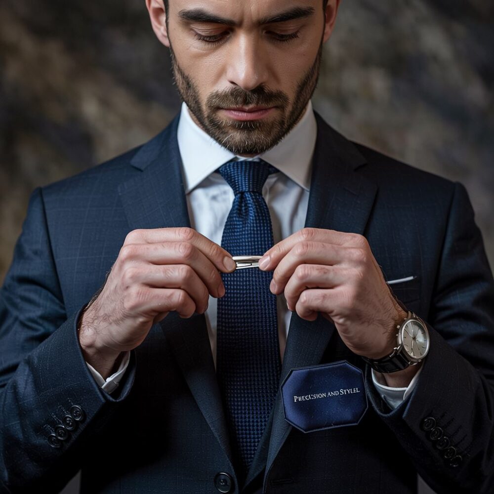 elegancki garnitur z widoczną spinką