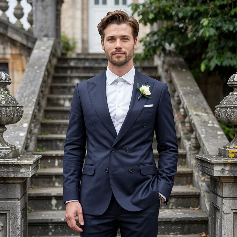 granatowa marynarka i szare spodnie