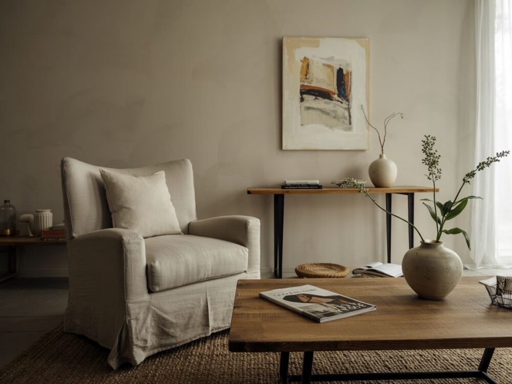 jasnoszare ściany i drewniane meble