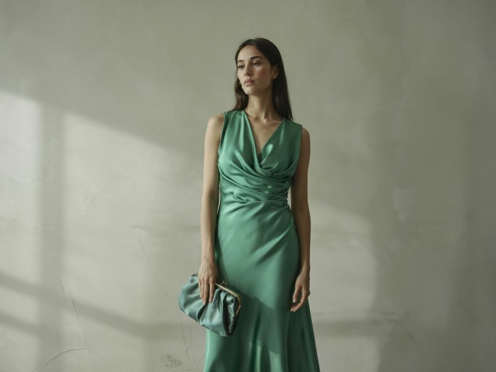 kobieta z torebką i zieloną sukienką