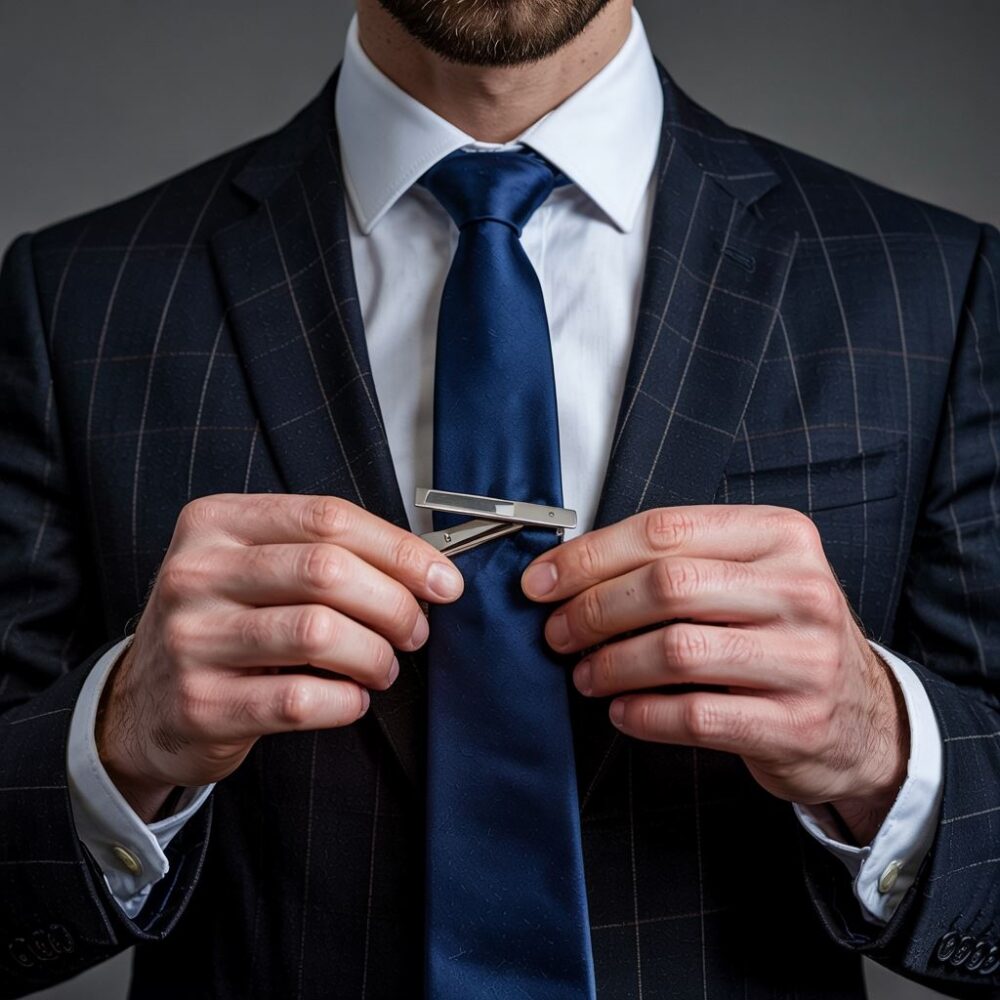 mężczyzna zakładający spinkę do krawata