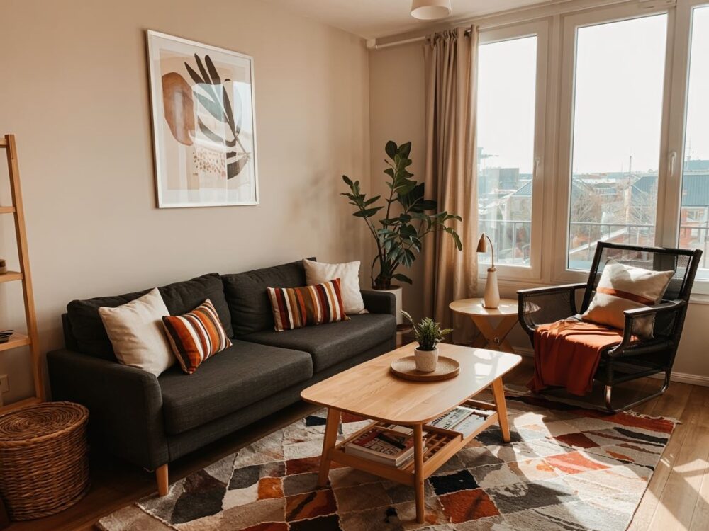 poduszki na czarnej kanapie