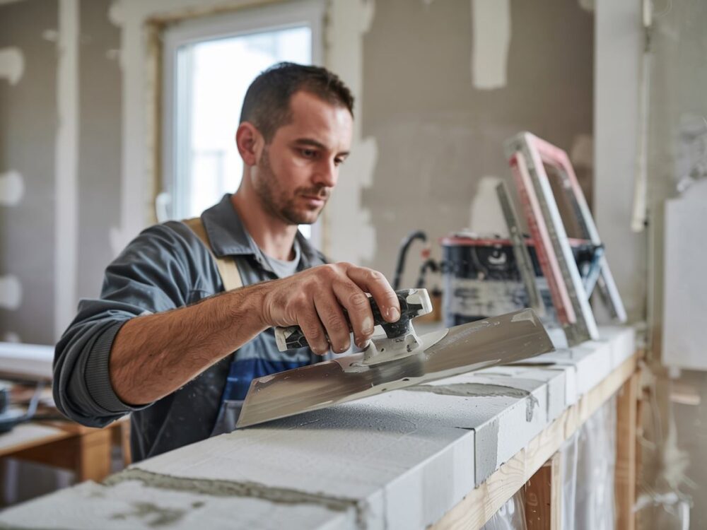 pracownik nakłada tynk