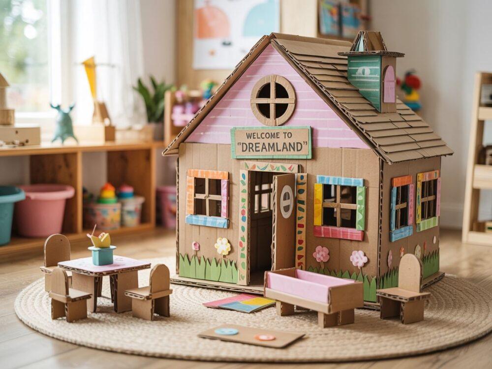 ręcznie robione łóżko dla lalek z kartonu