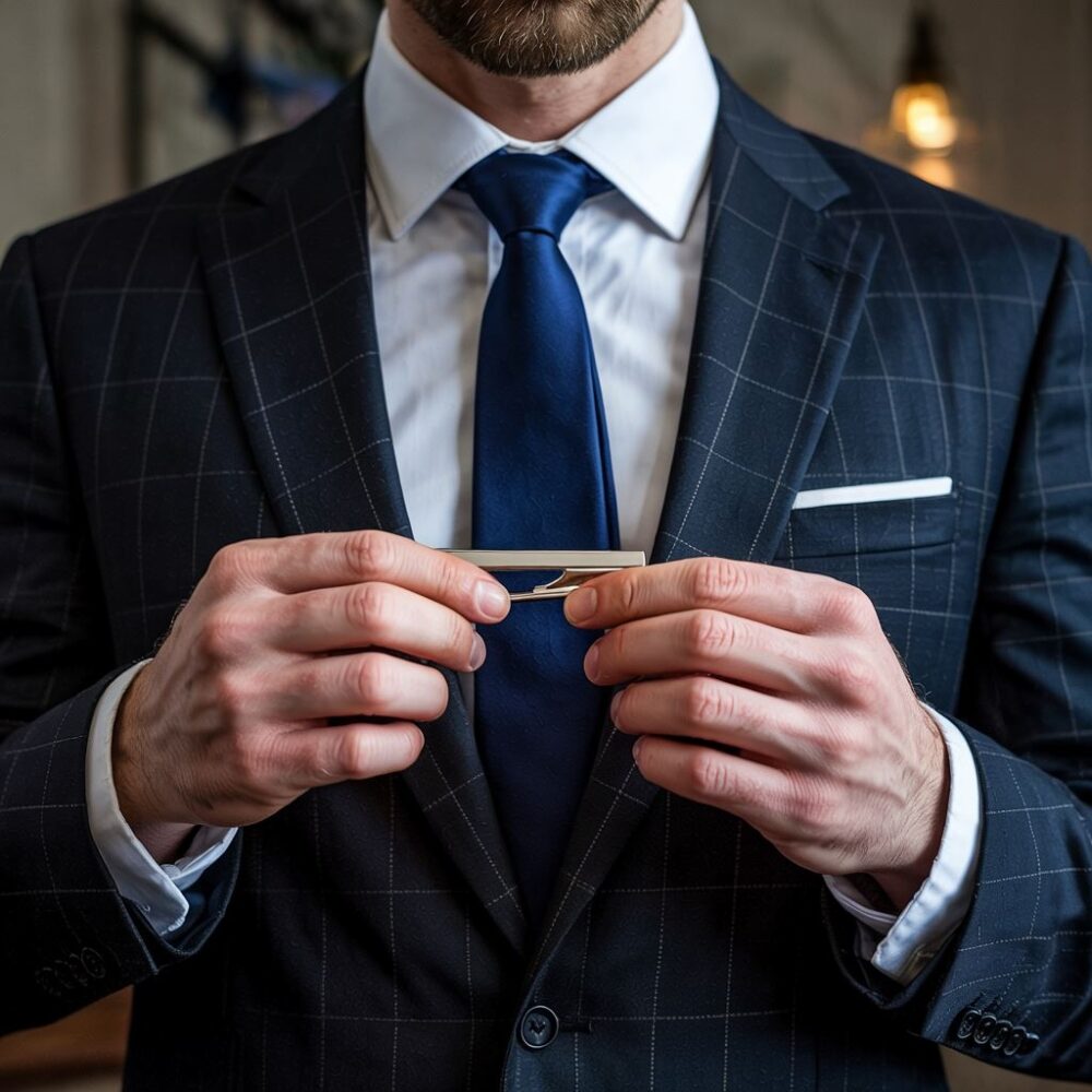 spinka do krawata na granatowym krawacie