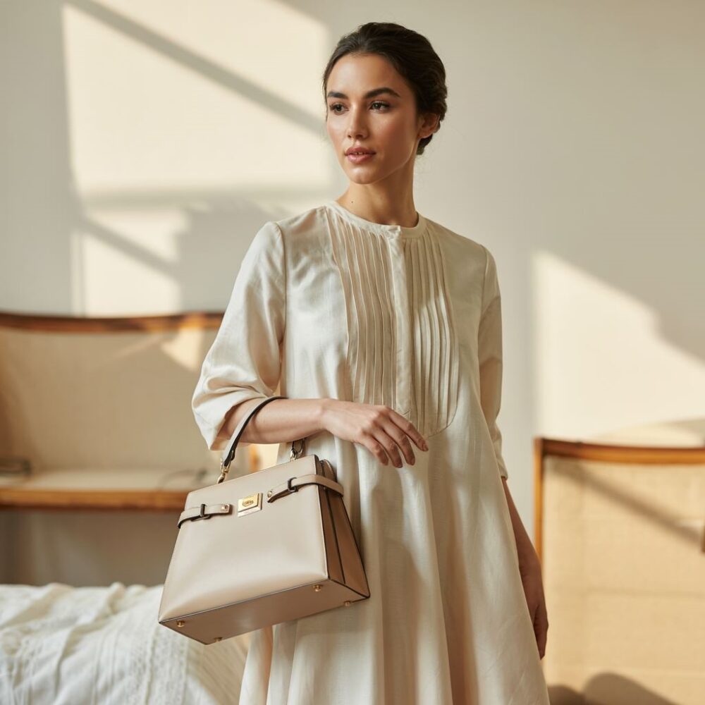 stylizacja z beżową sukienką i torebką