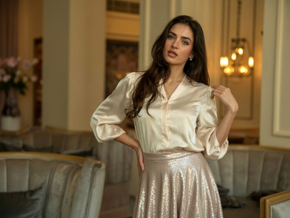 stylizacja z cekinową spódnicą