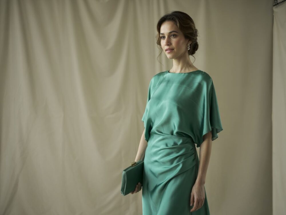 stylizacja z zieloną sukienką