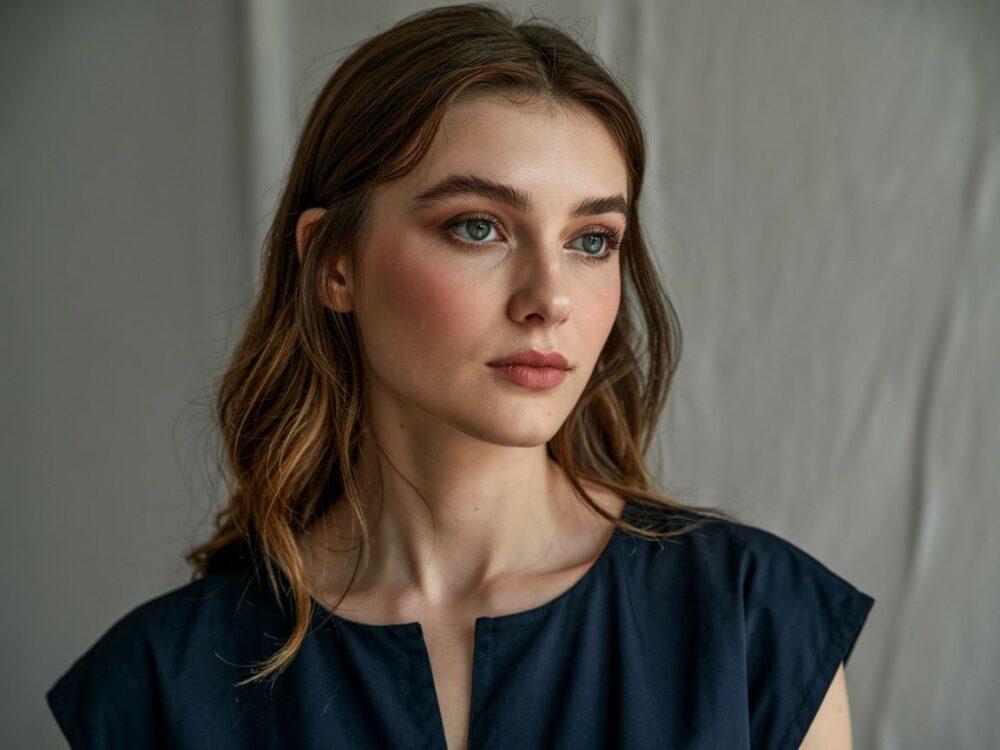 subtelny makijaż i granatowa sukienka