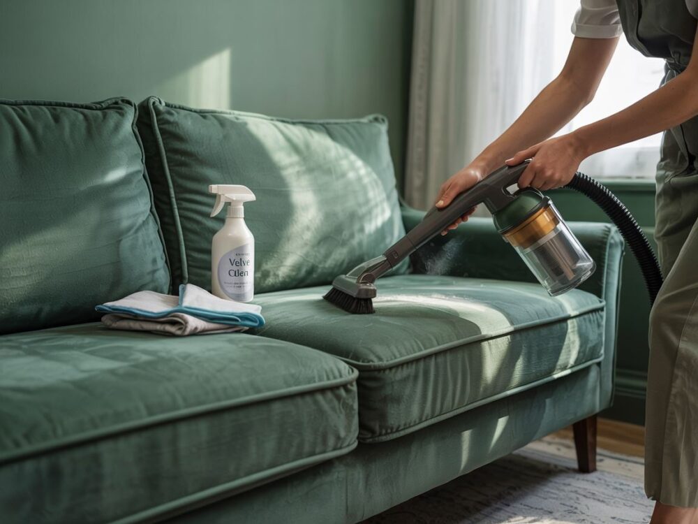 welurowa sofa w salonie