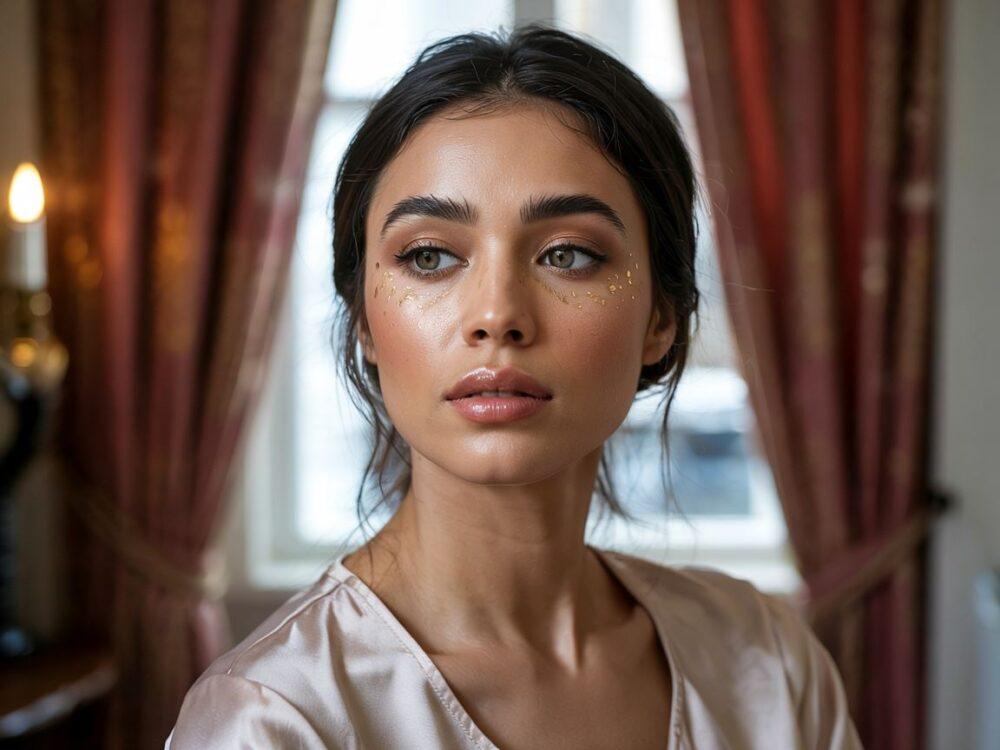 złota sukienka i elegancki makijaż