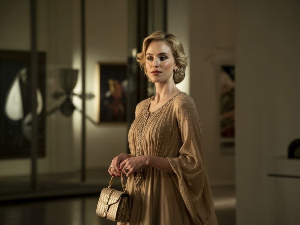 złota sukienka z elegancką kopertówką